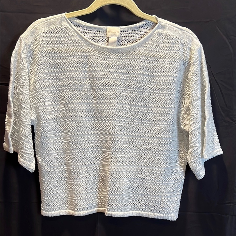 Chicos Women’s White Metallic 3/4 Sleeve open weave Knit Top